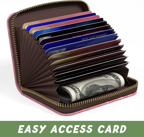 Credit Card Holder for Women, Small RFID Card Wallet Slim Leather Card Organizer Case with Zipper & Keychain(Work Hard)...