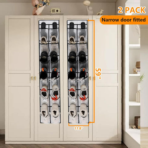 Narrow Over The Door Shoe Organizer, 12 Large Mesh Pockets Hanging Shoe Organizer for Closet Organizers and Storage, White, 2 Pack...