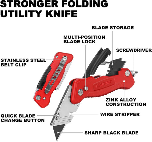 HAUTMEC Multifunctional Heavy Duty Folding Utility Knife With Integrated Screwdrivers, Blade Storage, Box Cutter Built In Zinc Alloy Housing, 3 Ex...