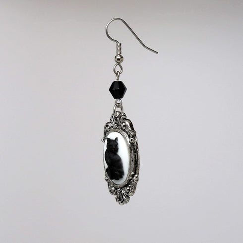 Black Cat Cameo In Silver Finish Frame Dangle Earrings with Black Bead...