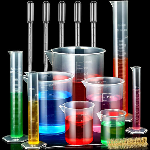 moveland Plastic Graduated Cylinders and Beakers with 5 Pipettes, 10ml 25ml 50ml 100ml Cylinders, 50ml 100ml 250ml 500ml 1000ml Beakers, Ideal for...