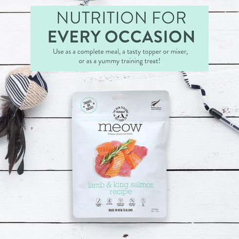 Meow Lamb & King Salmon Freeze Dried Raw Cat Food, Mixer, or Topper, or Treat - High Protein, Natural, Limited Ingredient Recipe 1.76 oz...