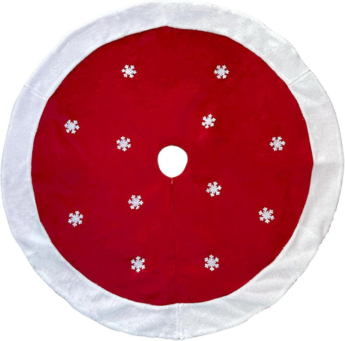 White Snowflakes Christmas Tree Skirt - Large 48" Diameter, Red Felt Center, White Faux Fur Trim, Presents, Gifts, Bright Red Christmas Decoration...