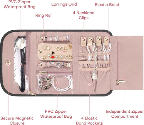 Travel Jewelry Roll Organizer Case - Women Portable Jewellery Storage Foldable Pouch for Necklace Earring Bracelets, Black...
