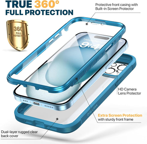 Diaclara Designed for iPhone 15 Case, Full Body Rugged Case with Built-in Touch Sensitive Anti-Scratch Screen Protector, with Camera Lens Protecto...