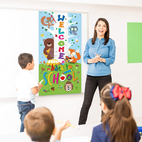 Welcome Banner, First Day of School Door Cover Woodland Animal Friends Photo Backdrop for Classroom School Party Decorations Supplies with Rope...