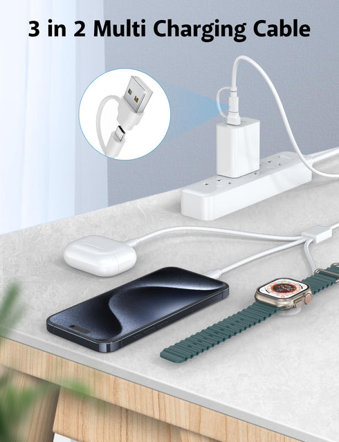 3 in 2 Multi Charging Cable for A pple Watch Charger USB C Cable iPhone Charger iWatch Charger USB C/A Fast Compatible with iWatch Ultra/Series 9/...