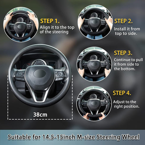 Wood Grain Steering Wheel Cover Carbon Car Steering Wheel Covers 14 1/2-15 inch with Coasters Microfiber Leather Splicing Breathable Anti-Slip Dur...