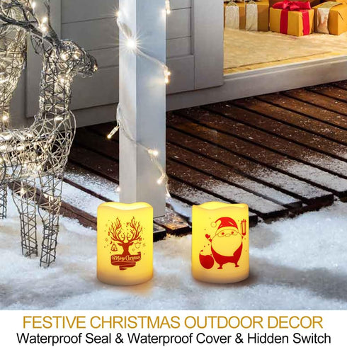 Set of 2 Wavy Edge Christmas 3x4 LED Pillar Candles Outdoor Waterproof - Ivory Pillar Candles Battery Powered with Timer Warm White Unscented Outd...