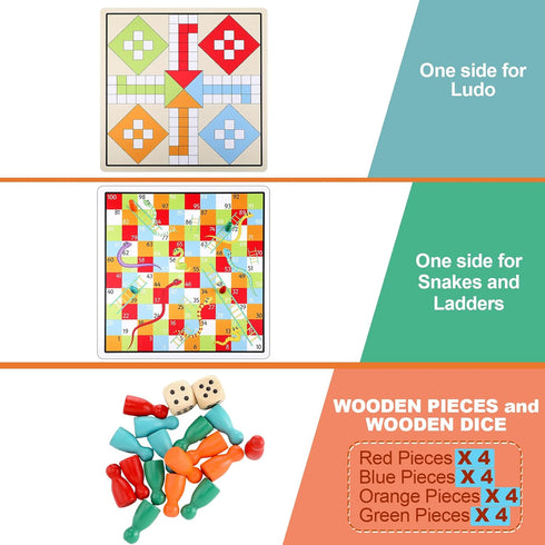 2 in 1 Snakes and Ladders, Ludo Game Set, 12 x 12 Inch Ludo Board Game 2-4 Players Family Dice Games Set Classic Double Sided Game Board for Adult...