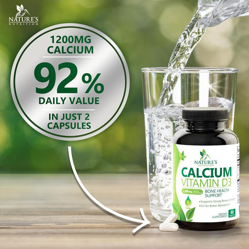 Calcium 1200 mg Plus Vitamin D3, Bone Health & Immune Support - Nature's Calcium Supplement with Extra Strength Vitamin D for Extra Strength Carbo...