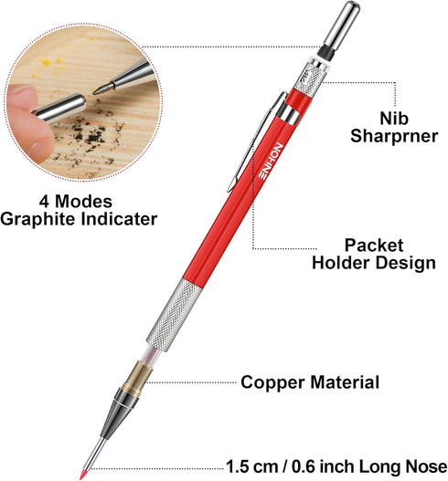Enhon Mechanical Carpenter Pencils with 36 2mm Refills, Upgrade Carpenter Pencil with Long Head Deep Hole Marker and Built in Sharpener, Construct...