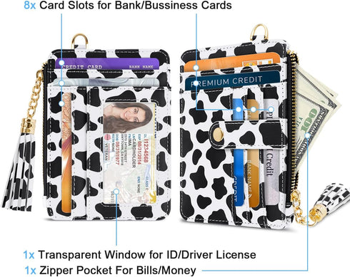 Slim Zipper Credit Card Holder with Keychain Wristlet Small RFID Leather Wallet with ID Window for Women,Cow...