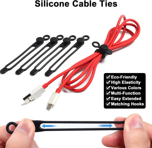 48Pcs Cord Organizer Kit, Reusable Elastic Silicone Cable Ties, Strong Adhesive Cable Clips for Cable Management, Multipurpose Wire Management for...