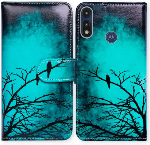Case for Moto E 2020/Motorola E, Black Bird Green Leather Flip Case Wallet Cover with Card Slot Holder Kickstand for Motorola Moto E 2020...