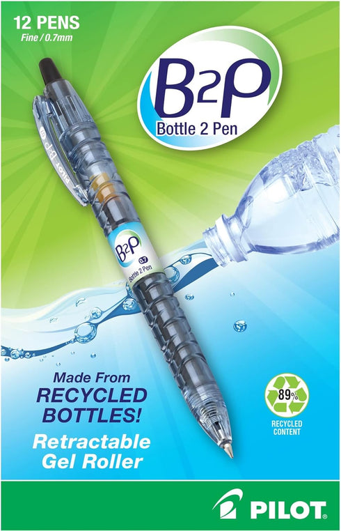 PilotBottle to Pen B2P Retractable Gel Pens, Fine Point, 0.7 mm, 89% Recycled, Translucent Barrel, Black Ink, Pack Of 12...