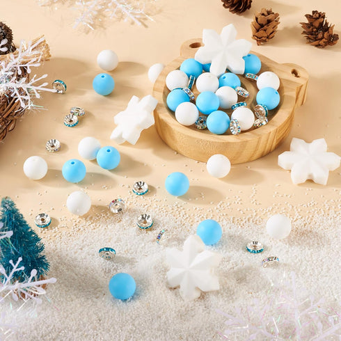 Cheriswelry DIY Winter Theme Jewelry Making Kits with 30pcs 15mm Round Silicone Focal Beads & 5pcs Snowflake Silicone Beads & 30pcs 10mm Glass Rhi...