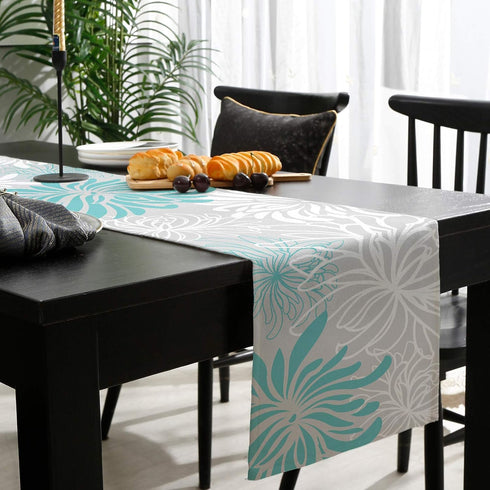 Aqua Chrysanthemum Flowers Table Runner-Cotton Linen-Long 13x108inches Dresser Scarves,Floral Grey Tablerunner for Kitchen Coffee/Dining/End Table...