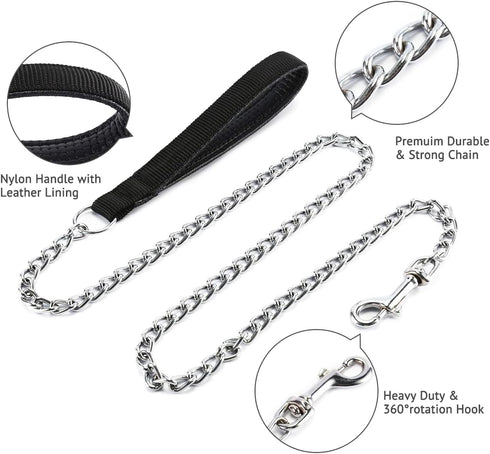 7 Feet Chain Leash Chew Proof Metal Dog Leash with Soft Padded Handle.(6 Feet, Black)...