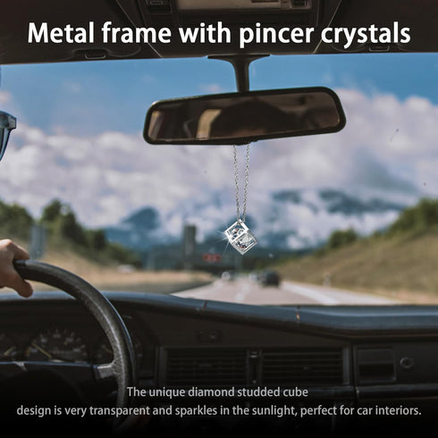 Bling Diamond Cube Car Rear View Mirror Charms, Crystal Sun Catcher Hanging Ornament for Automotive, Home Decor, Universal Vehicle Pendant Accesso...