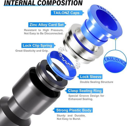 TAILONZ PNEUMATIC Blue Straight Reducing 1/2" Tube OD x 3/8" Tube OD Tube OD Push to Connect Tube Fittings Push Lock PG1/2-3/8 (Pack of 10)...