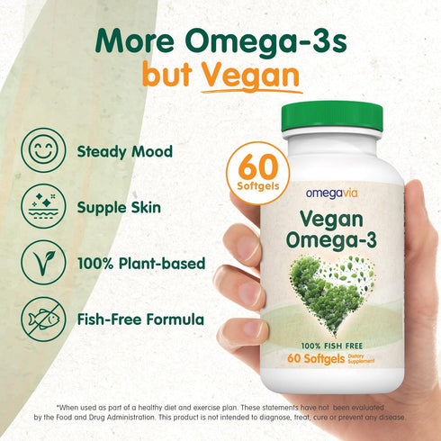 OmegaVia Vegan Omega 3 Supplement, 60 Softgels, Algae Omega 3 Fish Oil Alternative, 300mg Vegan DHA Omega-3 Fatty Acids, Plant Based, Planet and O...