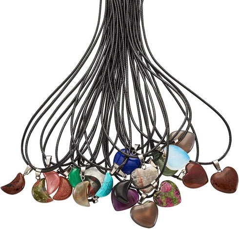 FASHEWELRY 20Pcs Random Crescent Moon Heart Chakra Stone Pendants Healing Crystal Gemstone Charms & 20Pcs Black Waxed Cotton Necklace Cord & 1Pc V...