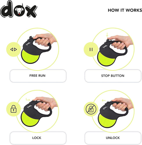 DDOXX Retractable Dog Leash - Strong Reflective Nylon Strips with Break & Lock System - S (Black/Yellow Reflective)...