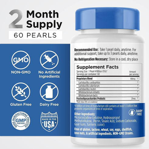 Earth's Pearl Probiotics for Women & Men & Kids - Pearl-Shaped Probiotic & Prebiotics with BIO-Tract®, 4 Billion CFU, Gut Health Support (60-Day S...