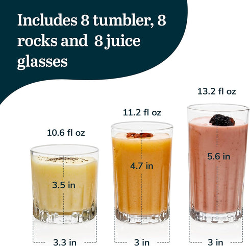 Libbey Brockton Tumbler, Juice and Rocks Glasses Set, Clear, Classic Cut Drinkware Set of 8, Elegant Dishwasher Safe Barware Glasses for Everyday ...