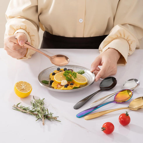 5-Piece Round Soup Spoons Set | Stainless Steel | Muticolor Dinner Serving Spoons Titanium Spoon - Mirror Polish & Dishwasher Safe...