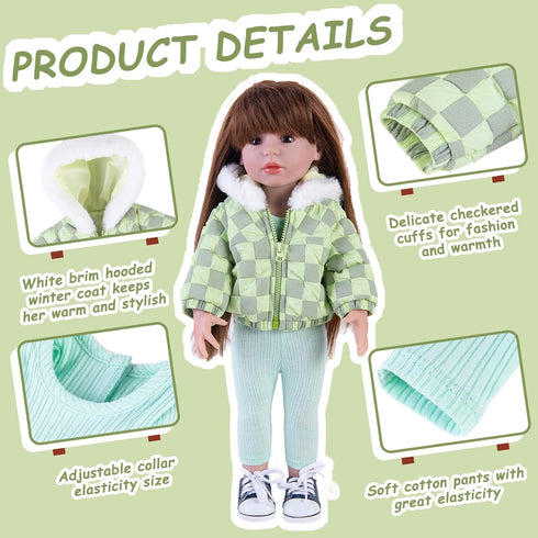 Doll Clothes 3 Pc. Set Light Green Grey Plaid Hooded Thick Coat Checkerboard Jacket with Long Sleeve, Warm Doll Outfit Hoodie Snowsuit Fits for 18...