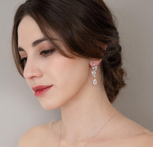 SWEEETV Bridal Wedding Earrings for Brides Bridesmaides-Marquise Teardrop Earrings for Women, Cubic Zirconia Drop and Dangle Earrings for Prom or ...