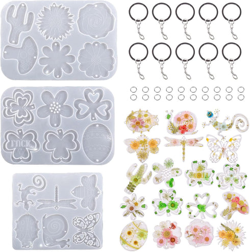 Bekecidi 113 PCS Resin Molds Silicone Keychain Kit Epoxy Resin Mold with Hole Silicone Molds for Resin Casting Pendant Jewelry Keychain Making Kit...