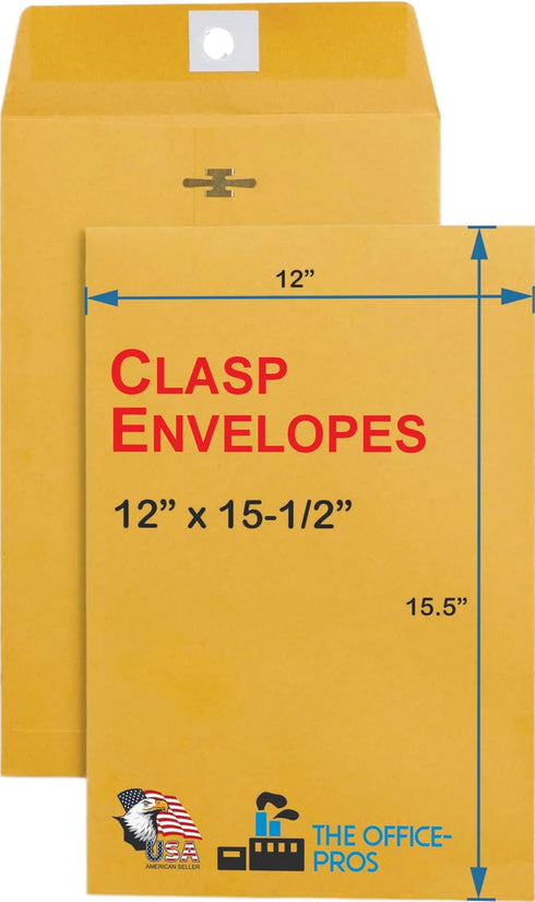 Clasp Envelopes, 12" x 15.5" Envelopes, Gummed Flap With Metal Clasp Closure, Perfect For Office, Home And School Use, 28Lb Brown Craft Envelopes ...