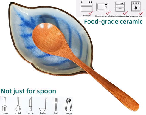 Ceramic Spoon Rest for Stove Top, Ice Cracks Leaf Cute Spoon Rest for Kitchen Counter, Cooking Spoon Holder for Kitchen Counter 1 PCS (Sapphire)...