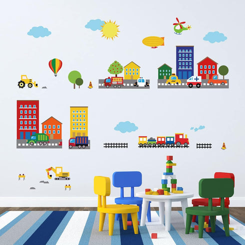 decalmile Construction Cars City Wall Decals Transportation Roads Kids Wall Stickers Baby Nursery Childrens Bedroom Playroom Wall Decor...