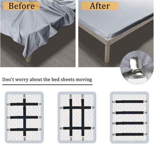 WishLotus Bed Sheet Clips, 4Pcs Elastic Black&White Adjustable Sheet Suspenders Heavy Duty Sheet Holder Straps for Fitted Sheets, Sofa Covers, Cou...