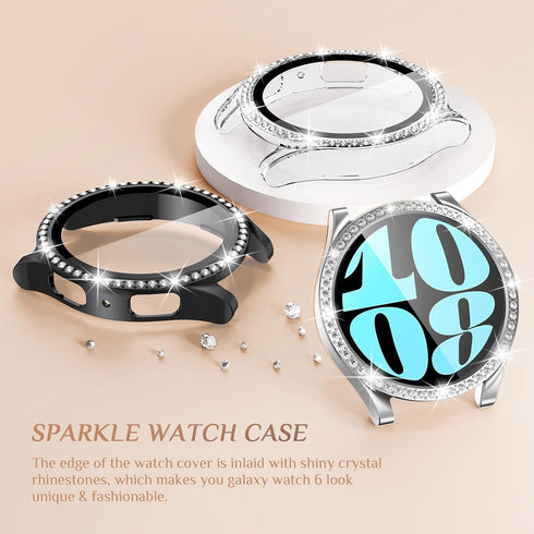 Goton 3-Pack Bling Case for Samsung Galaxy Watch 6 Screen Protector 44mm, Tempered Glass Glitter Diamond Bumper Face Cover for Galaxy Watch 6 Acce...