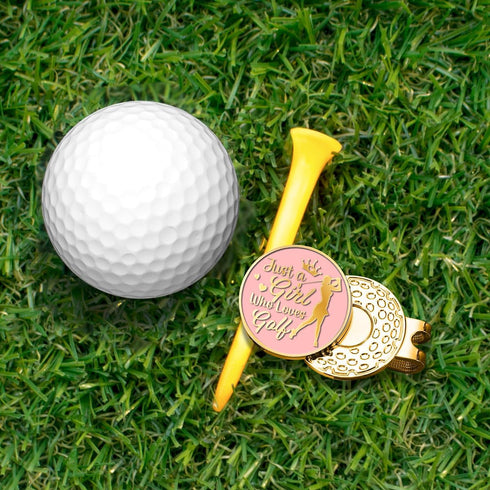 Just A Girl Who Loves Golf Pink Gold Golf Ball Marker with Hat Clip, Funny Golf Accessories and Golf Gifts for Women Her Mom Wife Daughter, Birthd...