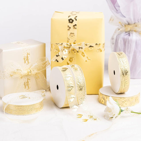 Holijolly Gold Sheer Gift Ribbon - Snow Yarn Ribbon with "Mr & Mrs" Lettering and Ring Print for Wedding Shower - 3/4 inch x 10 Yard...