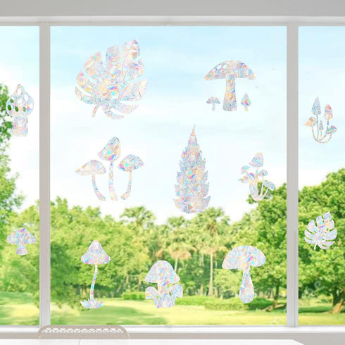 STICKERGURU 16 Pieces Mushroom and Leaf Window Clings - Anti-Collision Window Decals to Save Birds from Window Collisions,Non Adhesive Prismatic V...