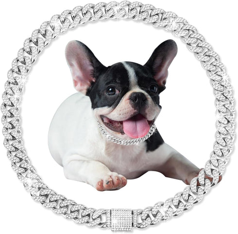 Dog Chain Silver Cuban Collars,Walking Silver Dog Metal Chain Choke Collar with Design Secure Buckle,Pet Cuban Crystal Collar Necklace Accessories...