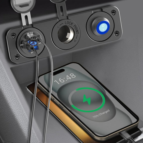 12V USB Outlet Panel 3 in 1, Dual Quick Charge 3.0 and PD3.0 USB C Car Charger Socket with LED Voltmeter, 300W Cigarette Lighter Socket and Toggle...