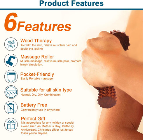 HATHKAAM Massage Roller, 5.5" Rosewood Handheld 4 Wheel Accupressure Unisex Massager for Full Body Pain Relief Cellulite, Trigger Point, Lymphatic...