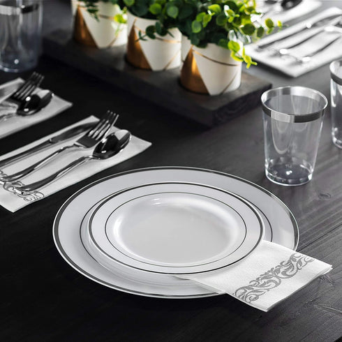 125 Piece Silver Dinnerware Party Set - 50 Silver Rim Plastic Plates, 25 Dinner 25 Dessert Plates, 25 Knives, 25 Forks, 25 Spoons - 25 Guest Dispo...