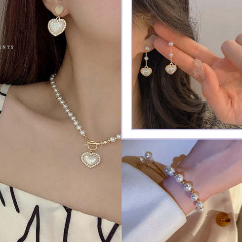 Pearl Heart Necklace and Earring set - 4PCS Pearl Jewelry Set for Women Gold Plated Pearl Choker Necklace Pearl Bracelet Pearl Earrings Set Trendy...