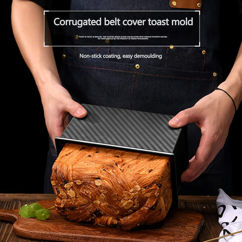 Pullman Loaf Pan with Lid, Non-Stick Bakeware Carbon Steel Bread Toast Mold with Cover for Baking Bread, Black Corrugated bread box (Upgraded Wave...