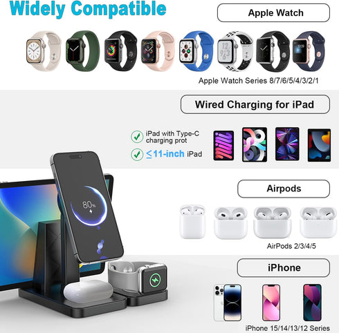 4 in 1 Wireless Charging Station for Apple Multiple Devices, Magnetic Fast Mag-Safe Multi Charger Stand for Apple Products iPhone 15 14 13 12 Seri...