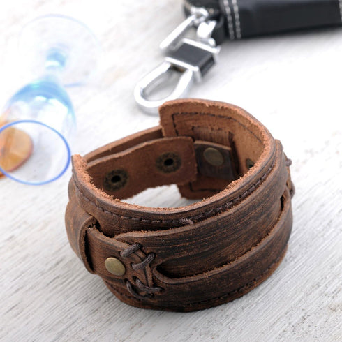 Womens and Mens Genuine Cuff Bangle Leather Bracelet Adjustable Wristband in Punk Design Coffee 30G | Punk Bracelets | Bracelets for Men | Bracele...